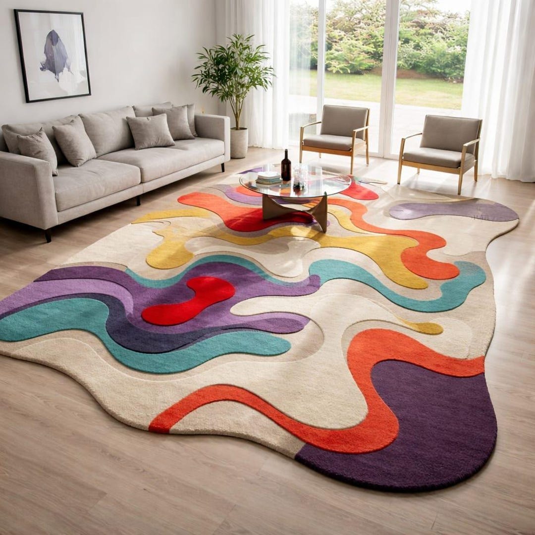 Hand Tufted Wool Rug | Abstract Wave, Colorful Modern Carpet - Etsy