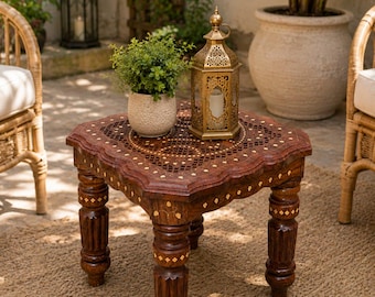 Handmade Wooden Bajot Stool with Brass Work Traditional Indian Chowki Decor