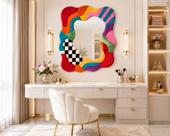 Handmade Colorful Tufted Mirror Rug Frame, Abstract Wavy Funky Wall Mirror, Maximalist Home Decor Statement Art Piece
