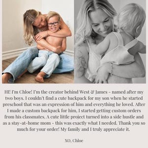 以下が含まれることがあります： 母親と二人の幼い息子の白黒写真。母親は一人の息子を抱っこしており、もう一人の息子は母親の隣に座っている。写真は、母親のビジネスに関するテキストメッセージと共に掲載されており、そのビジネスはカスタムバックパックの製作である。
