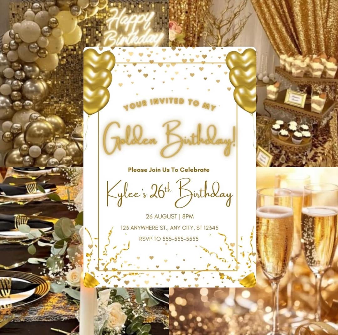 Golden Birthday Invitation Template Editable Canva Design (digital
