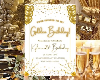 Golden Birthday Invitation Template: Editable Canva Design (Digital Download)