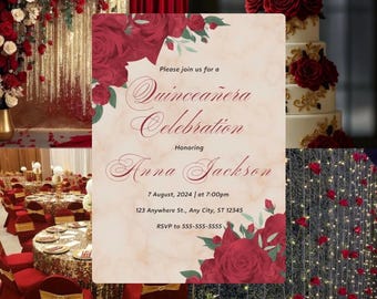 May include: A Quinceañera Celebration invitation featuring burgundy roses and gold accents. The invitation text reads "Please join us for a Quinceañera Celebration Honoring Anna Jackson" with event details. The image includes a cake, floral arrangements, and a decorated venue.