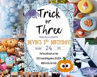 Trick or Three 3rd Birthday Invitation: Halloween Spider Theme (Digital Download)