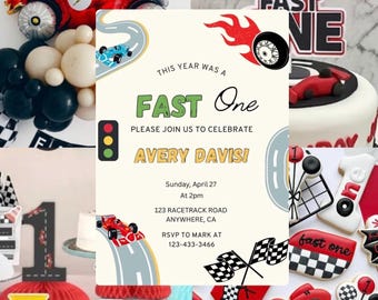Race Car First Birthday Invitation: Editable Template (Digital Download 5x7 inches)