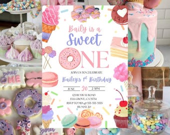 May include: A colourful image featuring a variety of sweets and a birthday invitation. The invitation reads "Baily is a Sweet One" with the party details. The image includes a cake, cookies, and candies in pastel shades of pink, blue, and white.