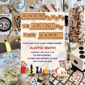 May include: A baby shower invitation with a game theme. The invitation reads "A New Player Is Joining The Game!" and includes details for Austin Smith's baby shower. The image features game pieces, cards, and dice.