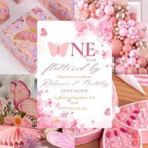May include: A collage of pink and gold party decorations, including a birthday invitation with the text "One Year Fluttered By" and "Rebecca's 1st Birthday." The invitation is surrounded by balloons, flowers, and a gift box.