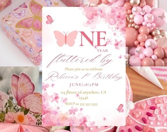 Pink Floral Butterfly First Birthday Invitation - Editable Template (Digital Download)