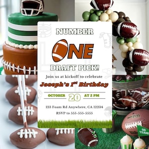 Puede incluir: Un collage de decoraciones para fiestas con temática de fútbol americano. Incluye un pastel de dos niveles con un adorno de casco, cake pops con forma de balón de fútbol y una invitación a la fiesta que dice "Number One Draft Pick!" y "Joseph's 1st Birthday".