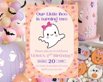 May include: A Halloween-themed birthday party invitation with a cute ghost illustration. The invitation reads "Our Little Boo is turning two" and includes party details. The image also features balloons, a cake, and decorated treats.