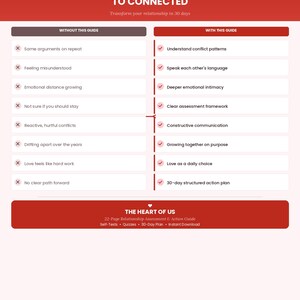 May include: A digital guide titled "From Stuck to Connected" with a red and white design. The guide contrasts relationship challenges with solutions, including a 30-day action plan. The bottom section highlights the guide's features.