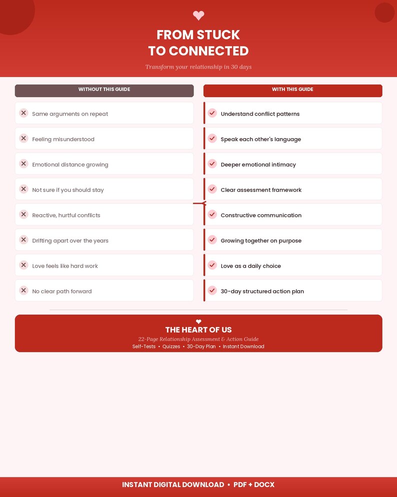 May include: A digital guide titled "From Stuck to Connected" with a red and white design. The guide contrasts relationship challenges with solutions, including a 30-day action plan. The bottom section highlights the guide's features.