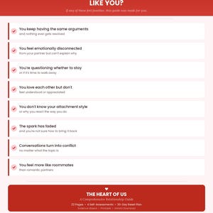May include: A red and white digital document titled Does This Sound Like You? featuring a checklist of relationship challenges. The bottom section is titled The Heart Of Us, A Comprehensive Relationship Guide, 22 Pages, 4 Self-Assessments, 30-Day Reset Plan, Evidence-Based, Printable, Instant Download.