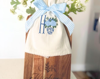 Personalized Hostess Gift Embroidered Towel Chinoiserie Gift Decor Cutting Board Engraved Gift Set Monogram Towel Custom Name Gift Idea Set