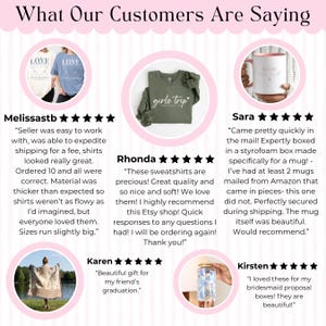 May include: Image showcasing customer reviews with a pink and white theme. Reviews feature products like a blue t-shirt with "LOVE" text, a green sweatshirt with "girls trip" text, and a white mug with pink interior. The reviews include star ratings and customer testimonials.
