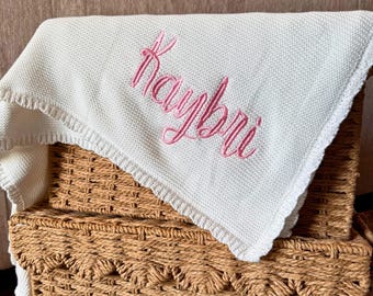Organic Cotton Blanket Personalized Name Embroidered Gift Newborn Baby Shower Present Custom Monogram Scalloped Edge Nursery Swaddle Wrap