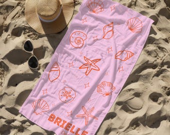 Personalized Name Beach Towel Coastal Beach Theme Girls Trip Custom Name Ocean Towel Seashell Theme Bachelorette Party Idea Gift For Girl