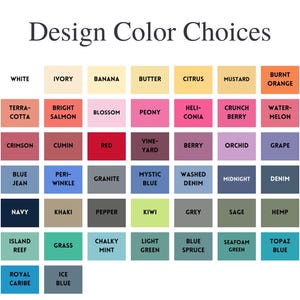 May include: A colour chart titled "Design Color Choices" with a grid of 56 colour swatches. Colours include black, white, ivory, red, blue, green, and various shades of orange, yellow, and purple. Each colour is labelled.