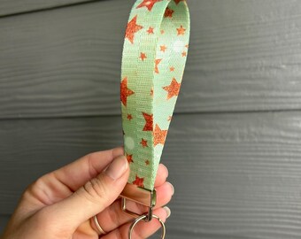 6” Mint Green and Orange Sparkle Stars Nylon Wristlet Keychain