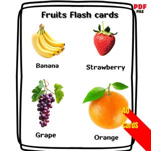 Obst-Karteikarten | Nomenklatur 40 Kartenl | Mit Bildern lernen Karteikarten | Druckbare Karten Montessori Spielzeug Vorschule