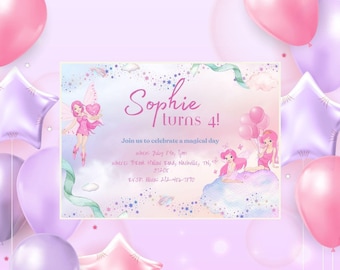 Pink Girls Fairy Princess Birthday Party Invite, Digital Download Editable Template, Canva Template