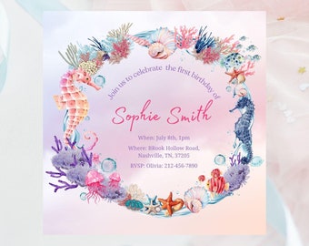 Under the Sea Party, Pastel Colourful Mermaid Birthday Party Invite, Digital Download Editable Template, Canva Template, Square Invite