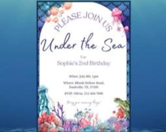 Blue Under the Sea Birthday Party Invite, Digital Download Editable Template, Canva Template
