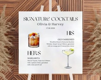 His & Hers Signature Cocktails Wedding Bar Sign, Editable Canva Template, DIY Wedding Supplies, Wedding Templates, e-invitations for Mobile