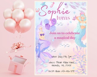 Rainbow Mermaid Pink Girls Birthday Party Invite, Digital Download Editable Template