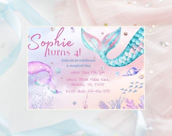 Pink Girls Mermaid Birthday Party Invite, Digital Download Editable Template, Canva Template