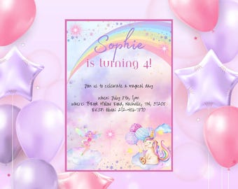 Rainbow Pink Girls Birthday Party Invite, Digital Download Editable Template