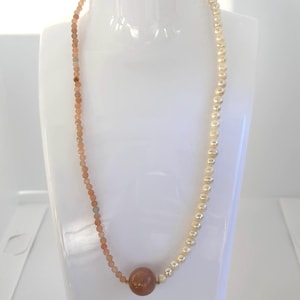 Sunstone & Moonstone Pearl Necklace | Genuine Gemstone + Freshwater Pearl Beaded Necklace | Gold or Silver Finish | Elegant Gift for Women