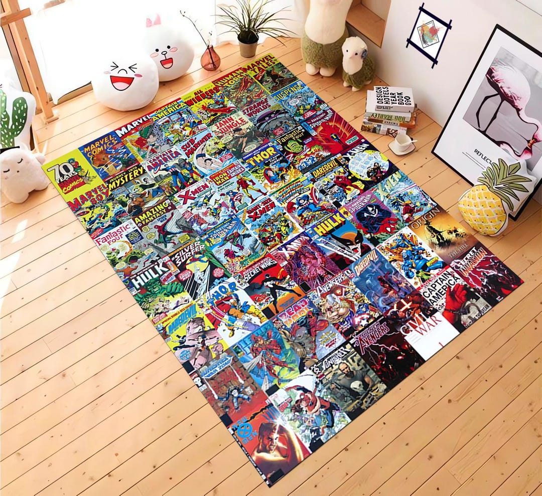 Marvel Comic Book Covers Collage Rug, Retro Superhero Avengers Area ...
