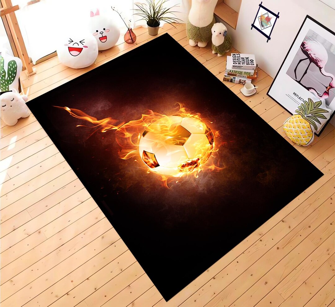 Soccer Ball Fire Area Rug, 3D Effect Sports Theme Floor Mat, Teen ...