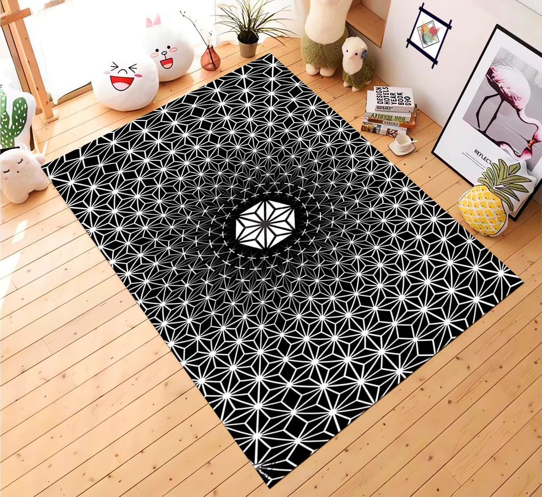 Modern Geometric Mandala Area Rug, Black White Sacred Geometry Carpet ...