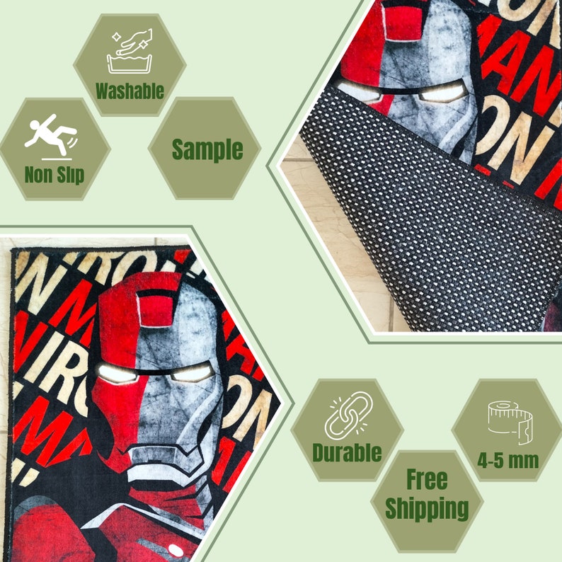 May include: Rectangular rug featuring the Iron Man character's face in red and gray, with the words "IRON MAN" in red and white. The rug is washable, non-slip, and durable. It measures 4-5 mm in thickness.