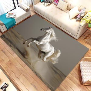 White Horse Rug: Modern Animal Design, Non-Slip