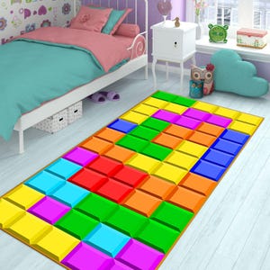 Retro Tetris Style Runner Rug, Colorful 3D Pattern Carpet, Gamer Room Decor, Hallway Design