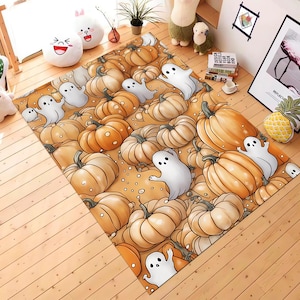 Pumpkin Patterned Rug, Halloween Themed Rug, Cute Ghost Print Rug, Halloween Fall Rug, Living Room Rug, Kids Room Rug, Home Decor, Home Gift