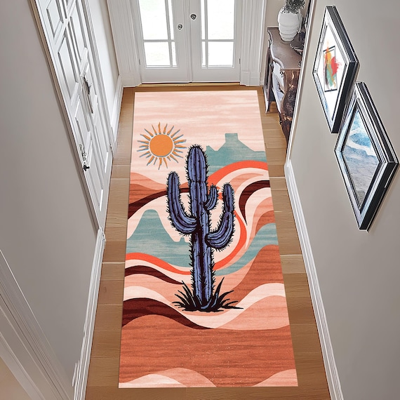 Boho Cactus Area Runner Rug, Retro Desert Terracotta Carpet, Mid Century Western Floor Decor