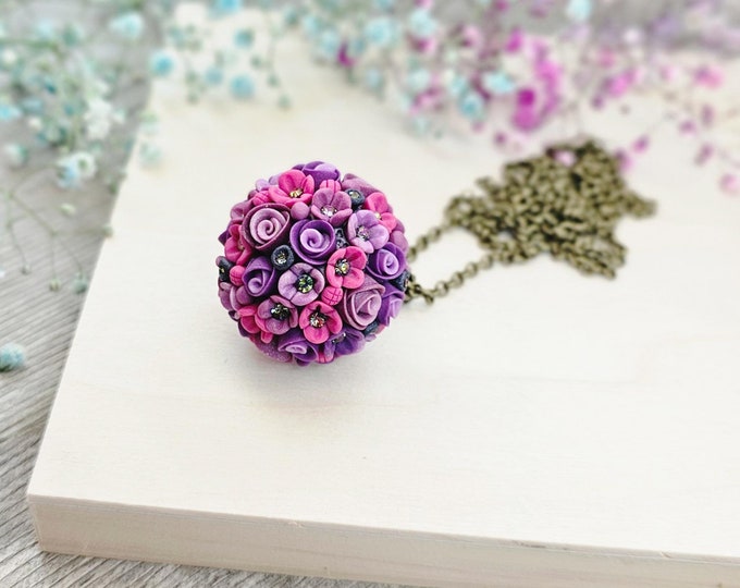 Purple Polymer Clay Flower Bouquet Pendant with Crystals, Floral Necklace, Spring Pendant with Adjustable Chain