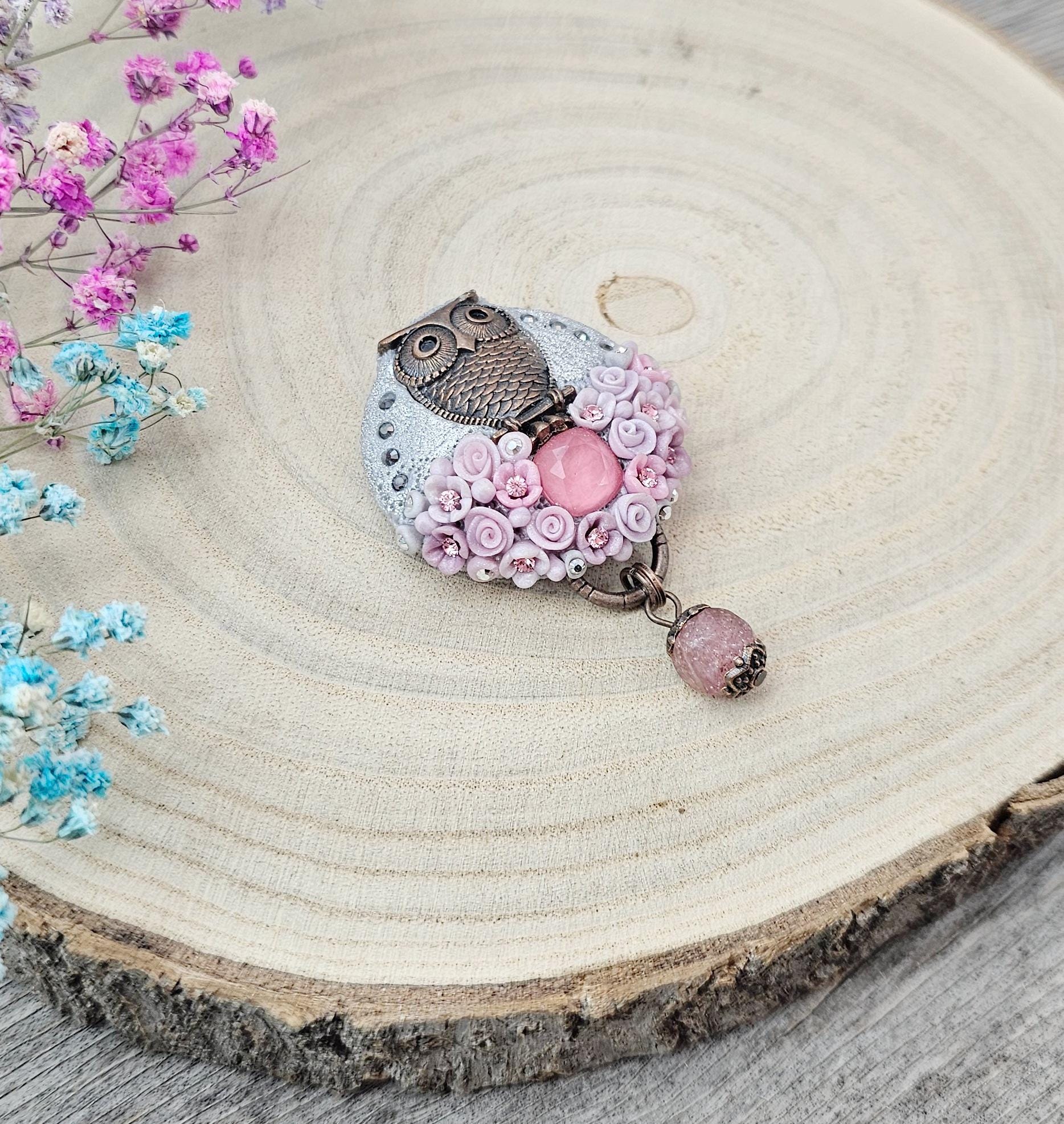 Broche Hibou En Quartz Rose Naturel - Cadeau Idéal Avec Pochette Organza