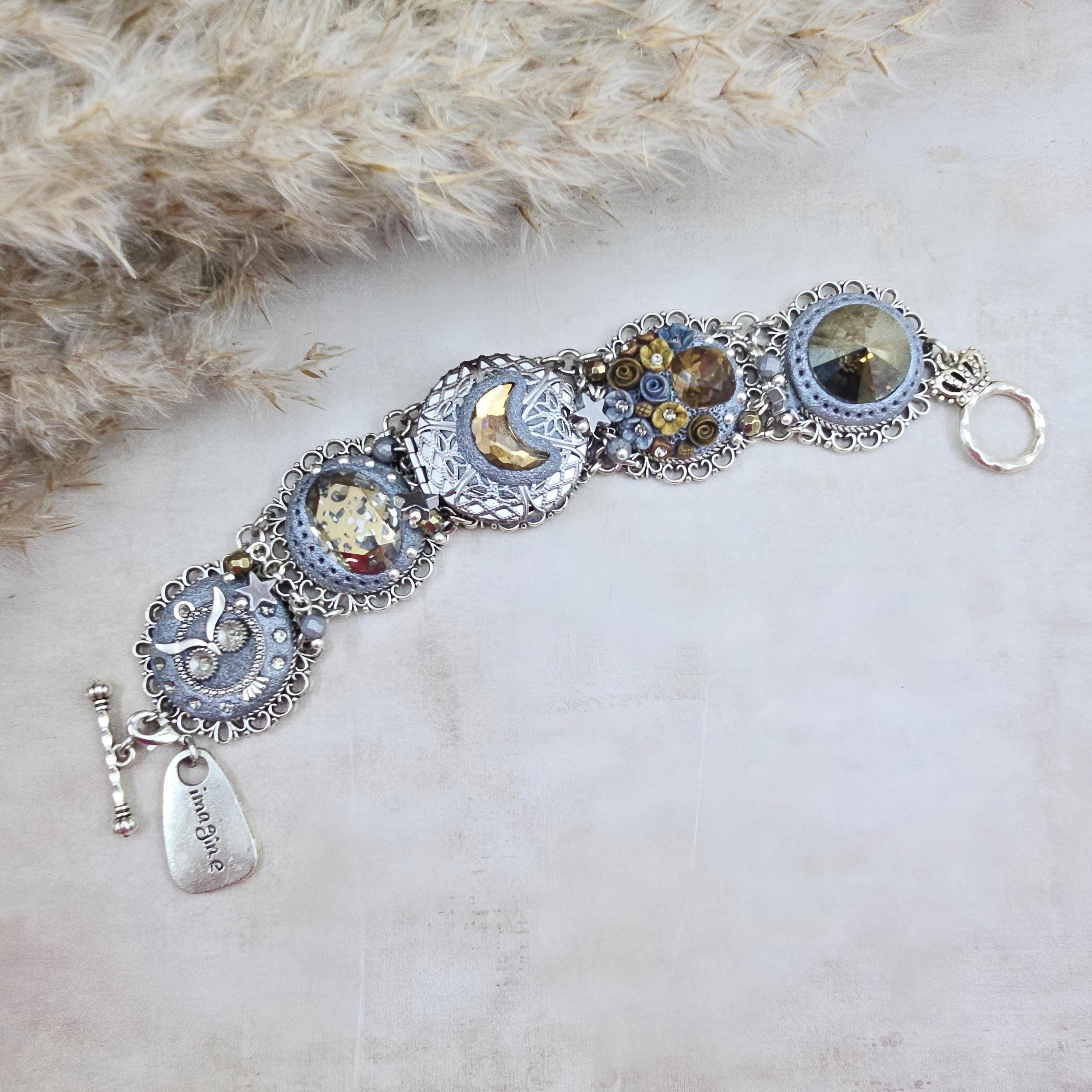 Crystal Bracelet with Locket, Polymer Clay Flowers, Moon, Owl, Unique Design, Silver Tone Bracelet, 