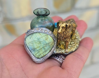 Dog Incense Holder with Labradorite – Handmade Polymer Clay Incense Burner, Puppy Decor, Crystal Incense Holder, Unique Gift
