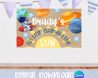 Sjabloon voor spandoek eerste reis rond de zon verjaardag, bewerkbare digitale download, mockup