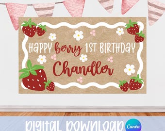 A Berry First Birthday Banner Template, Editable In Canva (Instant Download, Mockup)