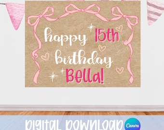 Coquette Bows Birthday Banner Template,  Editable In Canva, (Instant Download, Mockup)