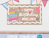 Pink Birthday Banner Template, Whimsical Birthday Cake, Editable Digital Download