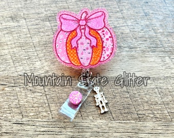 Pink skeleton skull patchwork pumpkin acrylic badge reel